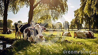 grazing farm cows Cartoon Illustration