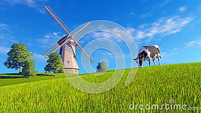 Grazing mottled cow and windmill Cartoon Illustration