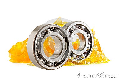 Grease and ball bearing isolated on white background with clipping path, lithium machinery lubrication for automotive and Stock Photo