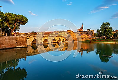 Great architecture of roman empire bridge of Tiberius, Ponte di Tiberio or Bridge of Augustus, Rimini, Italy Stock Photo