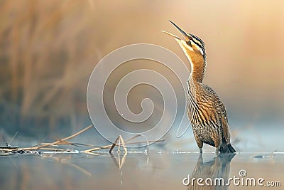 The great bittern in nature. Generative AI Stock Photo