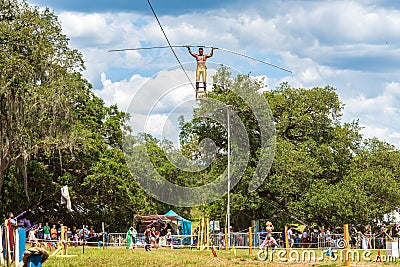The Great Blake Wallenda balances on a chair on a highwire without a safety net at the Bay Area Renaissance Festival Editorial Stock Photo