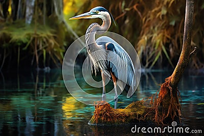 Great Blue Heron Ardea herodias in the nature, Great Blue Heron in Everglades National Park, Florida, USA, AI Generated Stock Photo