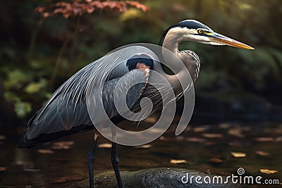 Great Blue Heron on the River nature Background. Stock Photo