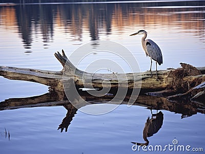 a lonely great blue heron on fallen tree branch generate by AI Stock Photo