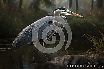 Great Blue Heron on the River nature Background. Stock Photo