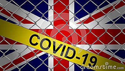 Great britain flag with yellow tape and chainlink fence Cartoon Illustration