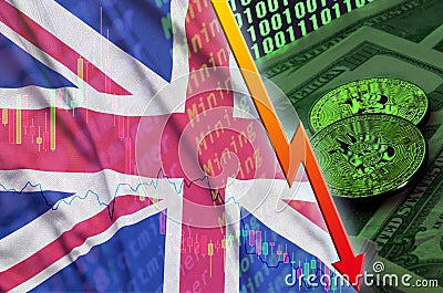 Great britain flag and cryptocurrency falling trend with two bitcoins on dollar bills and binary code display Stock Photo