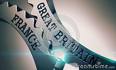 Great Britain France - Text on Mechanism of Metallic Gears. 3D. Stock Photo