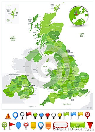 Great Britain Map Spot Green Colors and glossy icons Vector Illustration