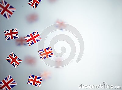 Great Britain, national holiday country. Mini flags on a transparent foggy background. concept patriotism, pride and Stock Photo