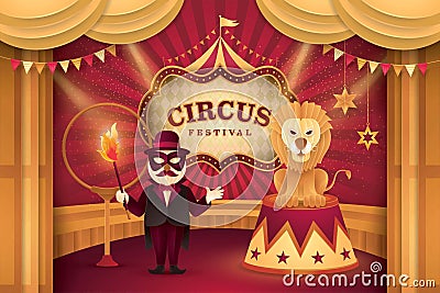 Great Circus show, Lion on a circus stand and Performer Controlling with Ring of Fire Vector Illustration