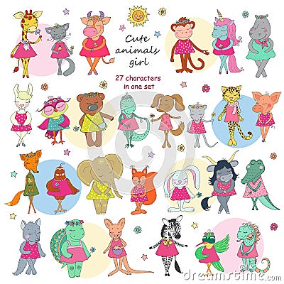 Great Collection of Cute animals girls Vector Illustration