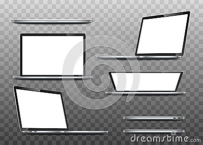 Great Collection Mock-ups of realistic laptops. 3D isometric set device. Side, top view and isometric. Vector collection Mockups Stock Photo