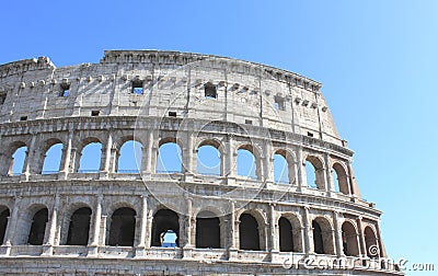 Great Colosseum in Rome, Italy, Europe. Roman Coliseum close-up with clear blue sky. Stock Photo