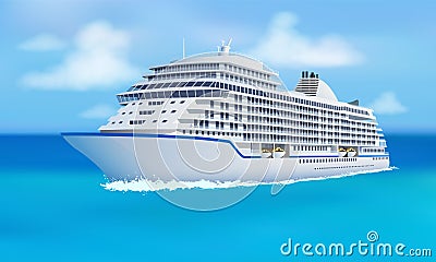 Great cruise liner, ocean, blue sky in flat style. Vector Illustration