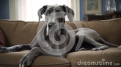Great Dane dog lying on a sofa at home and looking at something. Stock Photo