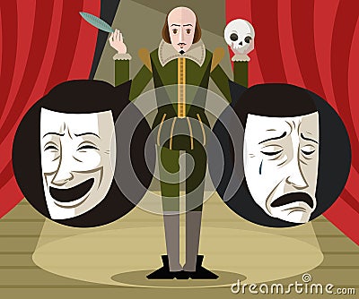 Great english writer talking about theater comedy and drama masks Vector Illustration