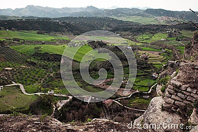 Great Escape to the Sky. Aerial view of Ronda`s fields. Stock Photo