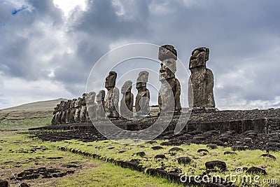 The great and famous fifteen moais of ahu tongariki Stock Photo