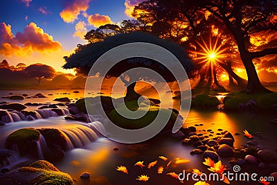 great fantasy landscape nature at sunset generated by ai Stock Photo