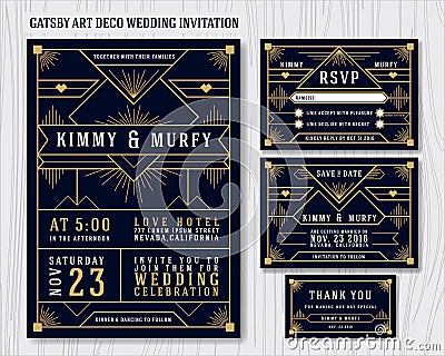 Great Gatsby Art Deco Wedding Invitation Design Template Vector Illustration