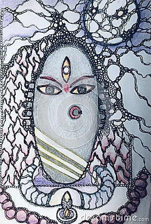 Great goddess shakti Kali with moon at night Cartoon Illustration