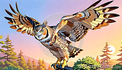 Great Horned hoot Owl large predator silent night hunting Cartoon Illustration