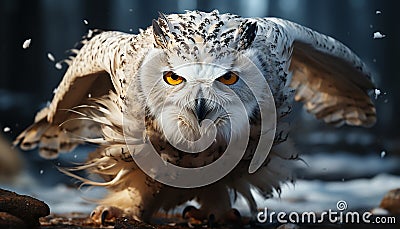 Great horned owl, majestic hunter, staring into snowy forest generated by AI Stock Photo