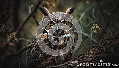 The great horned owl perching on a branch, staring evilly generated by AI Stock Photo