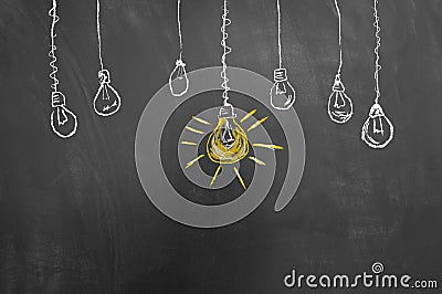 Great idea light bulb drawing on blackboard or chalkboard Stock Photo