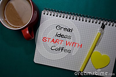 Great Ideas Start With Coffee write on a book isolated on Office Desk Stock Photo
