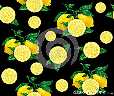 Great illustration of beautiful yellow lemon fruits on a black background. Water color drawing of lemon. Seamless pattern Cartoon Illustration