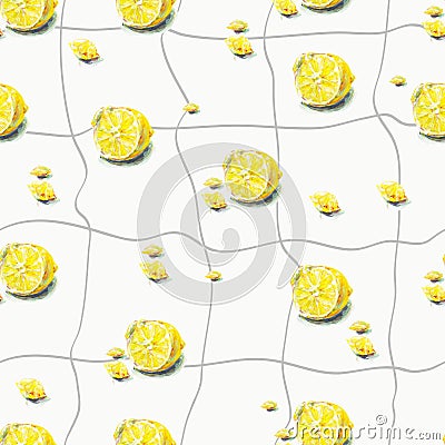 Great illustration of beautiful yellow lemon fruits isolated on a gray background. Seamless pattern for fabric design. Handwork Cartoon Illustration