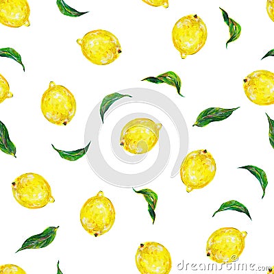 Great illustration of beautiful yellow lemon fruits isolated on white background. Seamless pattern for fabric design. Handwork Cartoon Illustration