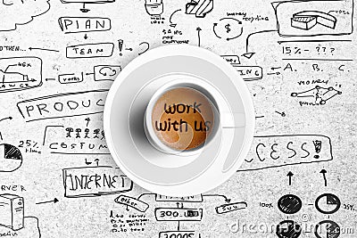 Great italian espresso coffee in a white cup with word work with us, team work concept Stock Photo