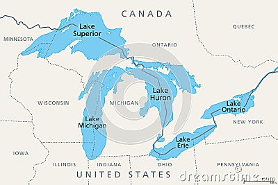 Great Lakes of North America, series of freshwater lakes, political map Vector Illustration