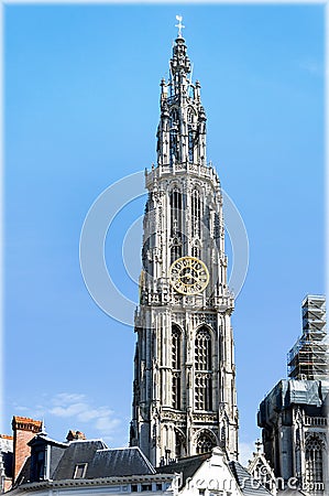 The Great Market Square in Antwerp, Belgium with the Cathedral, belfry, guildhouses and the statue of Brabo Editorial Stock Photo