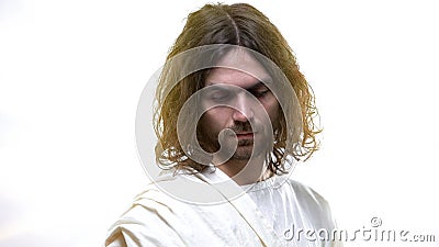 Great martyr crying, repenting of sins after confession, redemption closeup Stock Photo