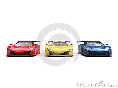Great modern sports supercars in red, blue and yellow Stock Photo