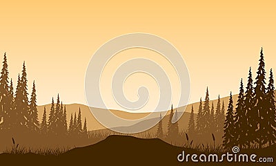 Great mountain view from the edge of dense forest at sunrise Cartoon Illustration
