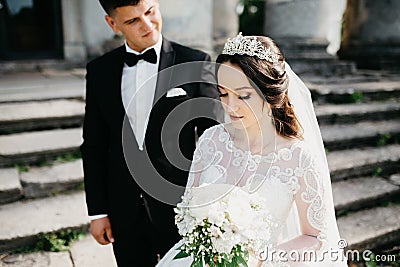 Great portrait of a wedding couple near the old castle Stock Photo