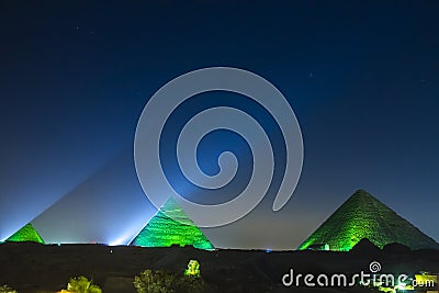 Great Pyramid of Giza illuminated at night, UNESCO World Heritage site, Cairo, Egypt. Stock Photo