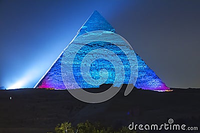 Great Pyramid of Giza illuminated at night, UNESCO World Heritage site, Cairo, Egypt. Stock Photo