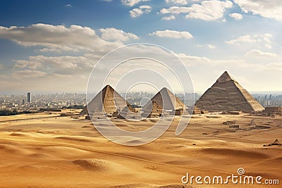 The Great Pyramids of Giza in Cairo, Egypt, Africa, Egypt. Cairo - Giza. General view of pyramids and cityscape from the Giza Stock Photo