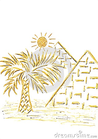 The great pyramids, palm tree and sun. Cairo, Egypt, Africa. Doodle hand drawn illustration. Travel concept. White background Cartoon Illustration