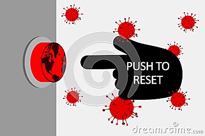 The great reset, push to rest the word text next to red button with world on it, after virus Cartoon Illustration