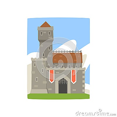 Great royal fortress with tower, red flags and iron grating on entrance. Landscape with medieval castle, clouds behind Vector Illustration