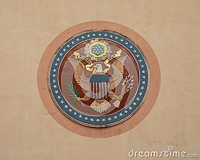 The Great Seal of the United States on the outside front of the Tower Building in Fair Park in Dallas, Texas. Editorial Stock Photo