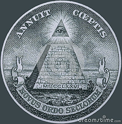 Great Seal of the United States reverse from the back of a one dollar bill. A pyramid unfinished under the Eye of Providence. Stock Photo